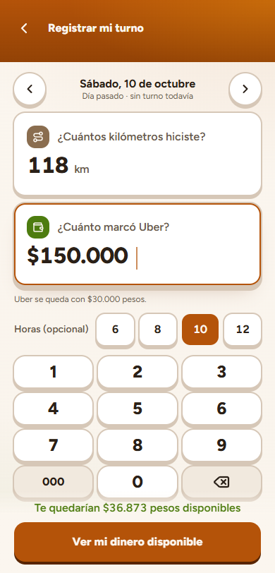 Pantalla para registrar el turno: kilómetros y lo que marcó tu plataforma, con lo que ella se queda ya descontado